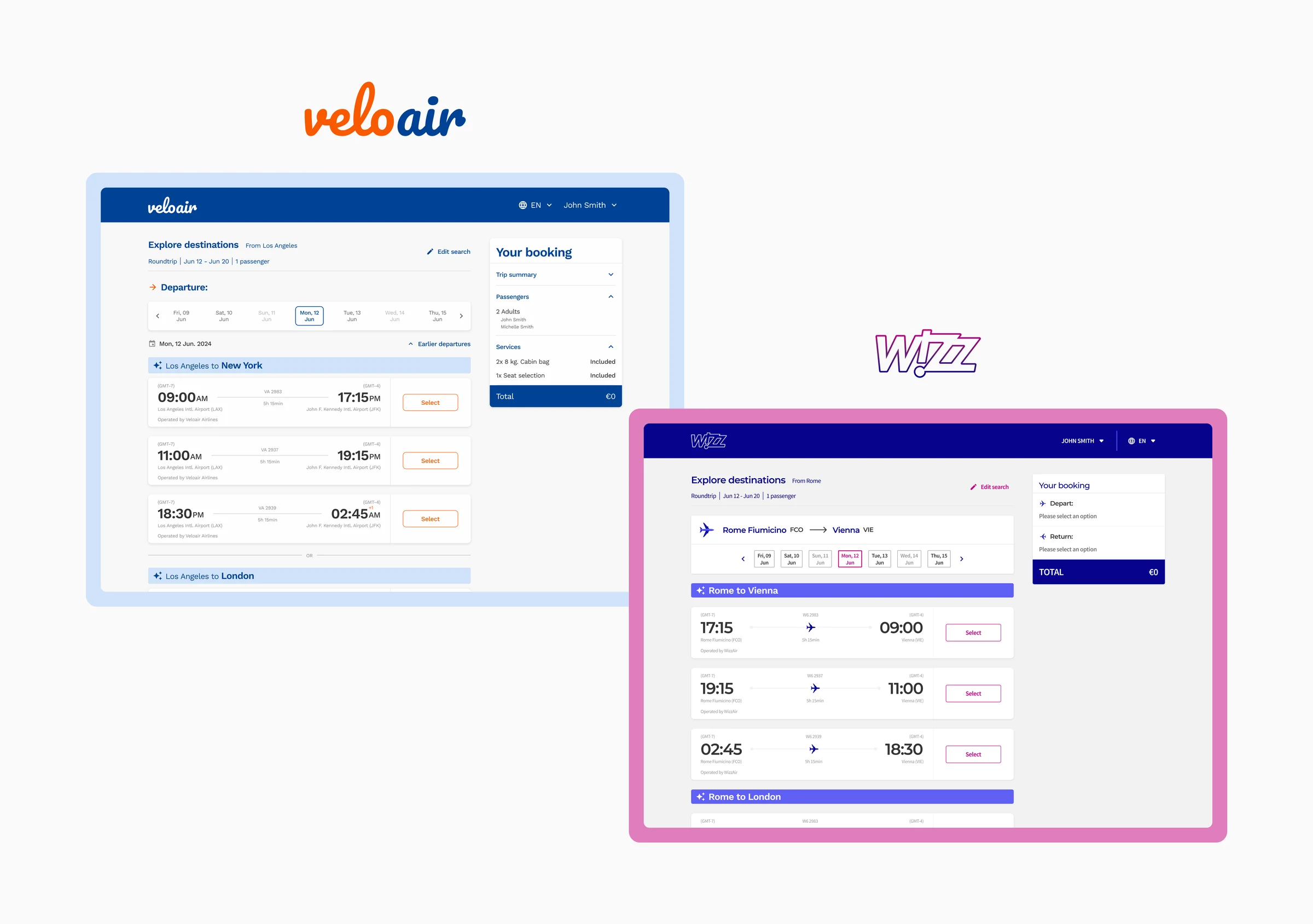 The Veloair master booking screen next to the Wizz Air branded version of the same Explore destinations flow.